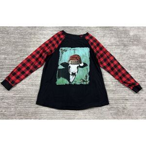 Crazy‎ Train Top Womens Large Multicolor Check Raglan Sleeves Cow Graphic